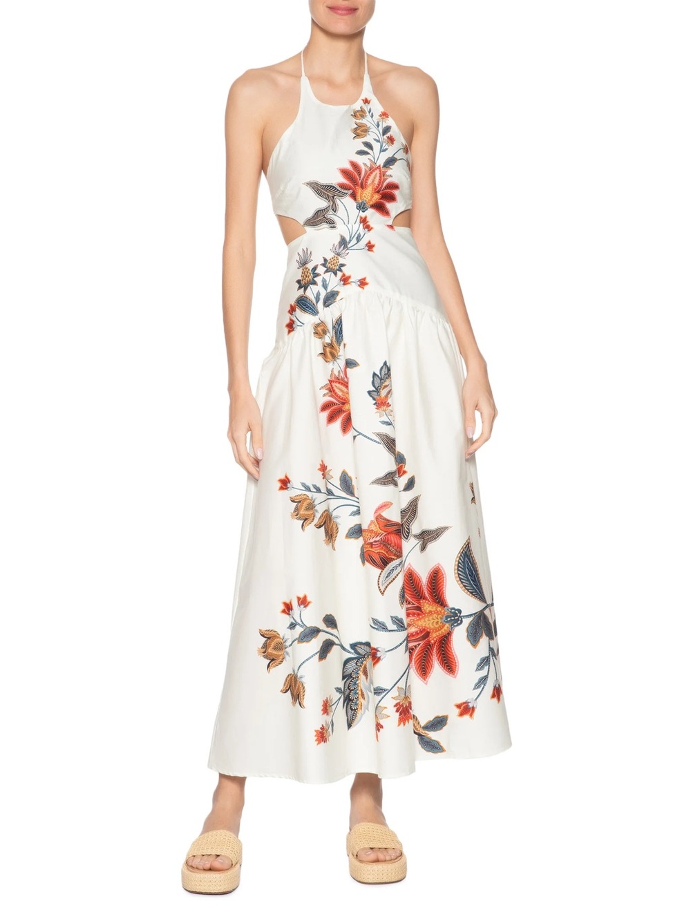 FARM Rio White Halter Maxi Dress with Orange & Blue Floral Print